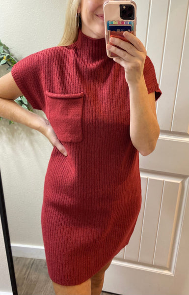 Mock Neck Short Sleeve Sweater Dress