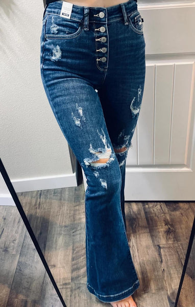 Judy Blue Darkwash Distressed ButtonFly Flare