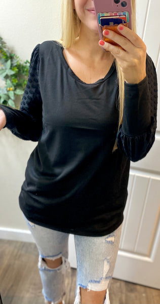 Black Round Neck Polka Dot Long Sleeve