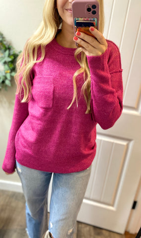 Pink Melange Round Neck Seam Sweater