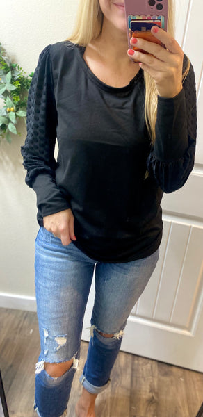 Black Round Neck Polka Dot Long Sleeve