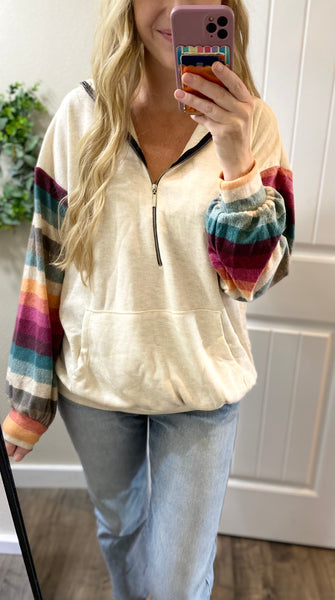 Striped Sleeve Half Zip Hoodie
