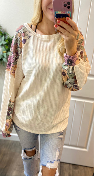 Floral Mountain Waffle Knit Long Sleeve Top