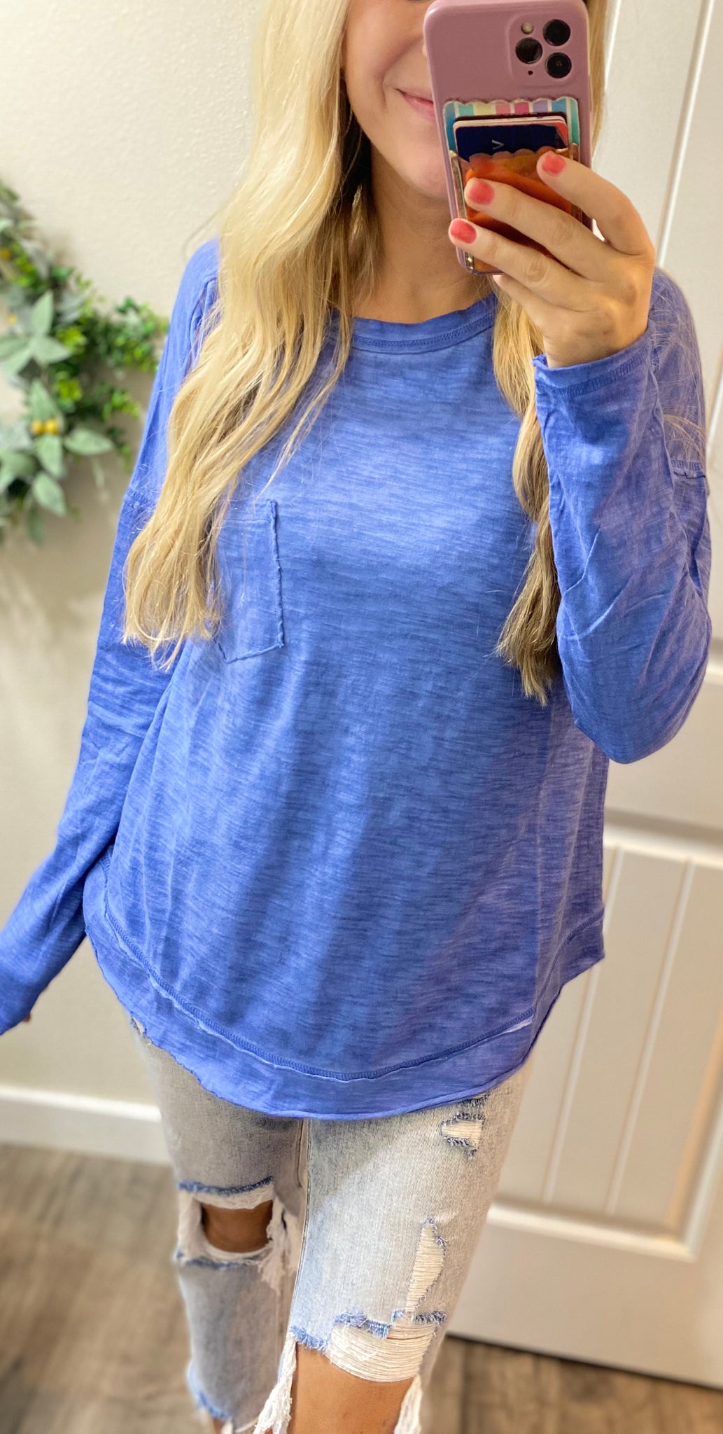 Blue Boatneck Long Sleeve Top