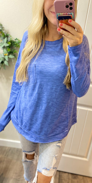 Blue Boatneck Long Sleeve Top