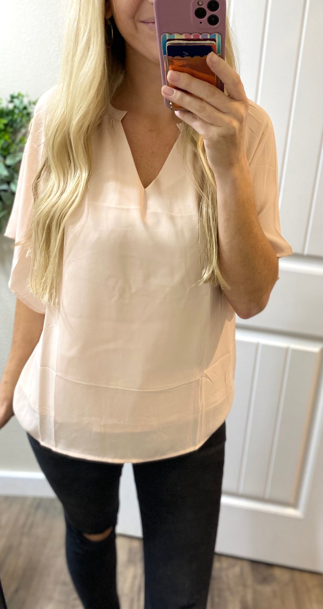 Beige Notch Flowy Blouse