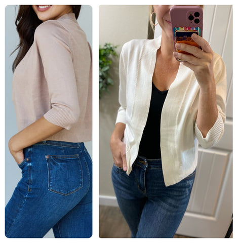 Ivory or Mocha Cropped 3/4 Sleeve Cardigan