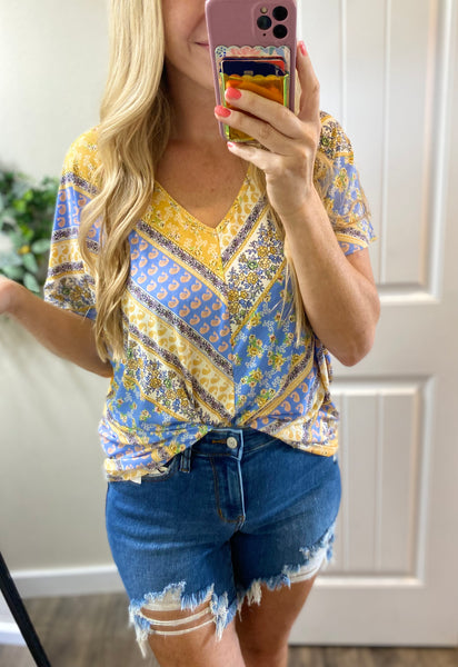 Blue/Yellow Print V-Neck Blouse