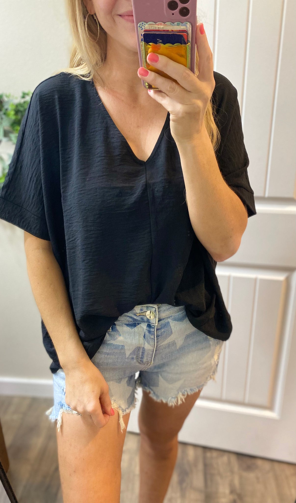 Black Rolled Sleeve V-Neck Blouse