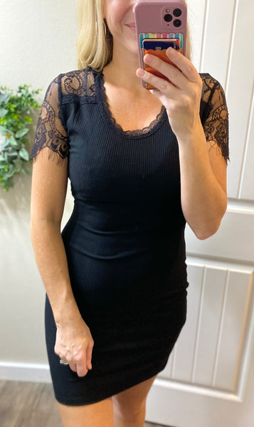 Lace Sleeve Ribbed Dress