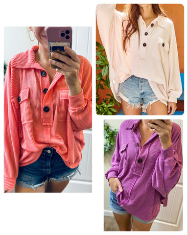 Oversized Corded Henley Pullover