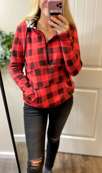 Cloud Red/Black Check Plaid 1/2 Zip Hoodie