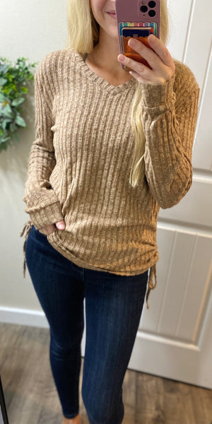 Ribbed Ruched Side Long Sleeve Top