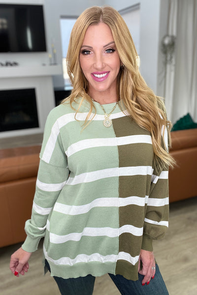 Olive Color Block Striped Sweater