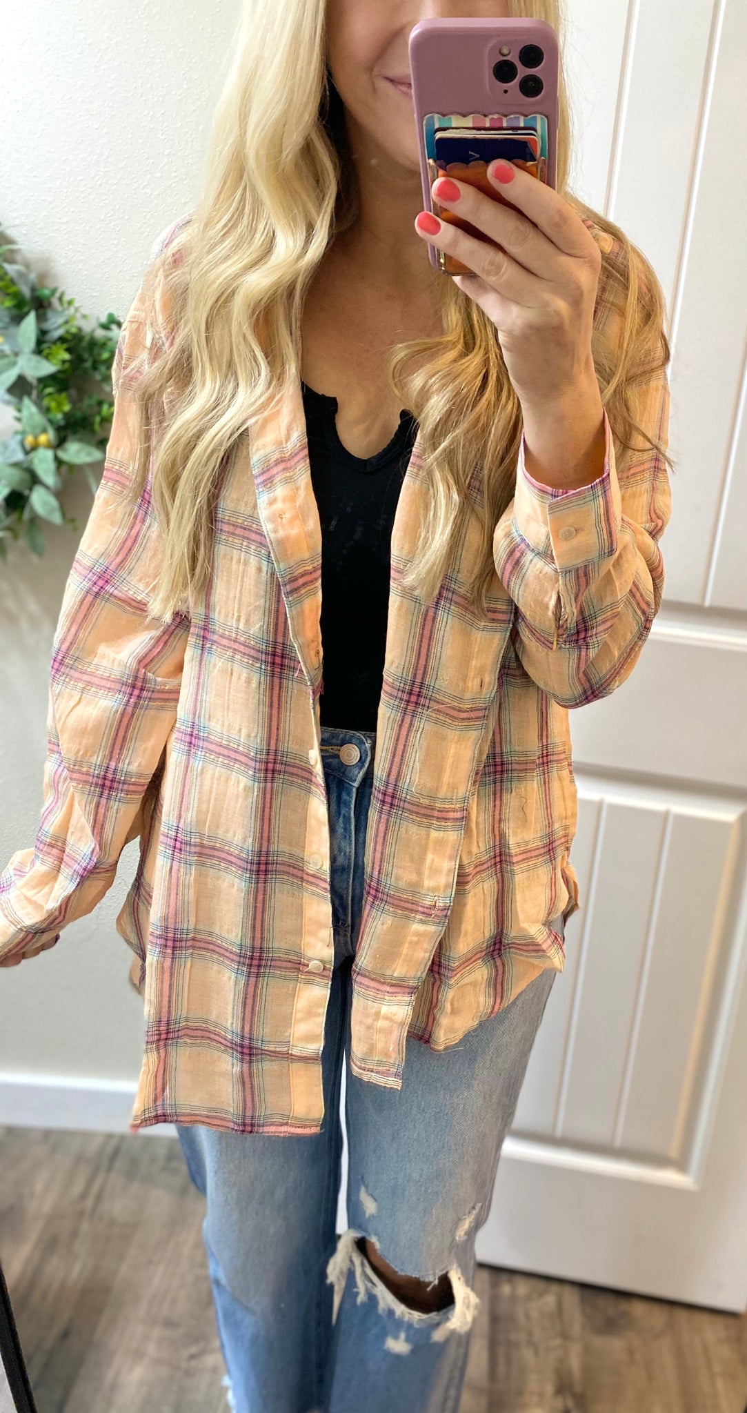 Coral Pink Plaid Button-Down Top