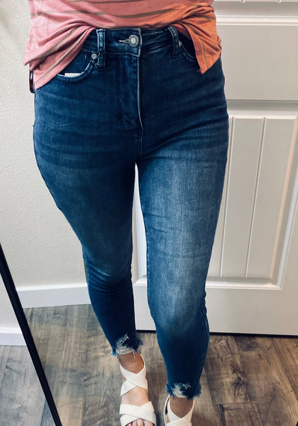 Darkwash Judy Blue Tummy Control Distressed Hem Denim