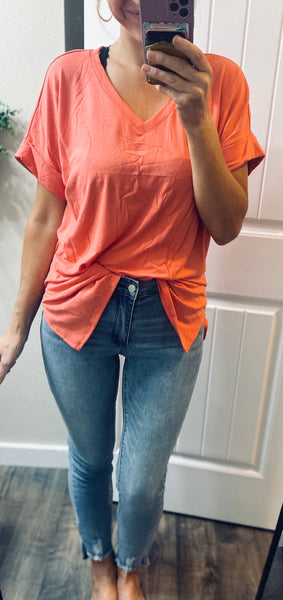 Coral Cuffed Sleeve Oversized Tee