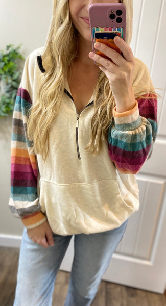 Striped Sleeve Half Zip Hoodie