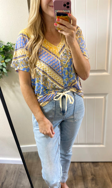 Blue/Yellow Print V-Neck Blouse