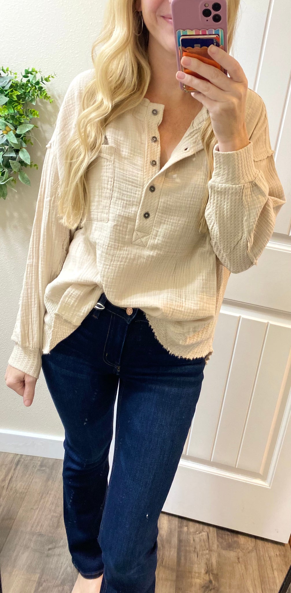 Double Gauze Oversized 3/4 Button Henley Neck Top