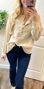 Double Gauze Oversized 3/4 Button Henley Neck Top