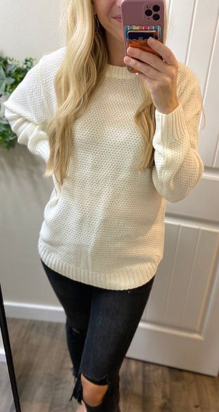 Ivory Round Neck Basic Hi-Low Sweater