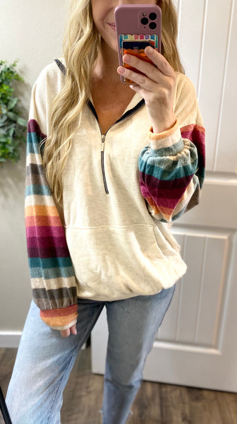 Striped Sleeve Half Zip Hoodie