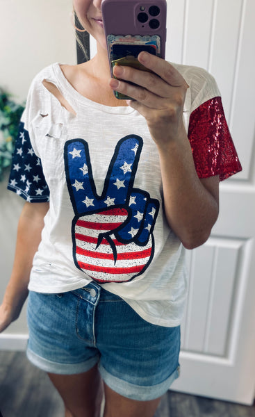 Peace Out Glitter Distressed Tee