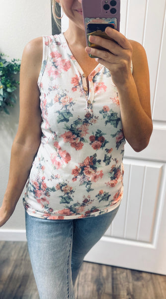 Floral Button Ribbed Henley Tank