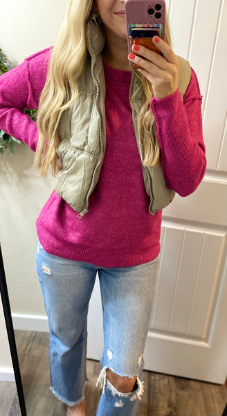 Pink Melange Round Neck Seam Sweater