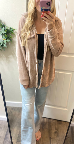 Chenille Button Shacket in Mocha