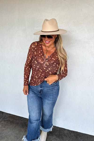 PREORDER Floral Vneck Mesh Henley Top