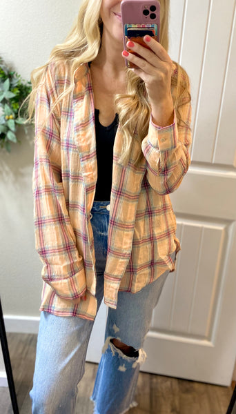 Coral Pink Plaid Button-Down Top