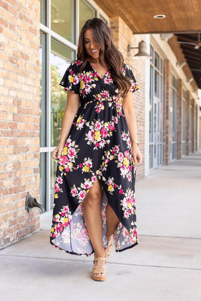 Black Floral Hi-Low Dress