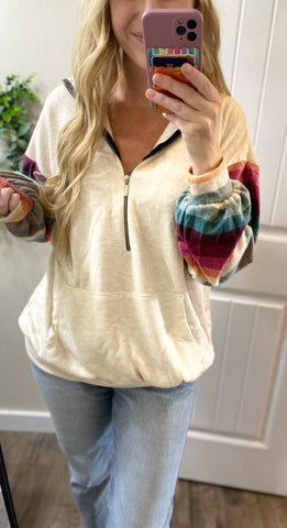 Striped Sleeve Half Zip Hoodie