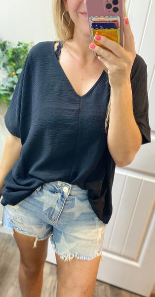 Black Rolled Sleeve V-Neck Blouse