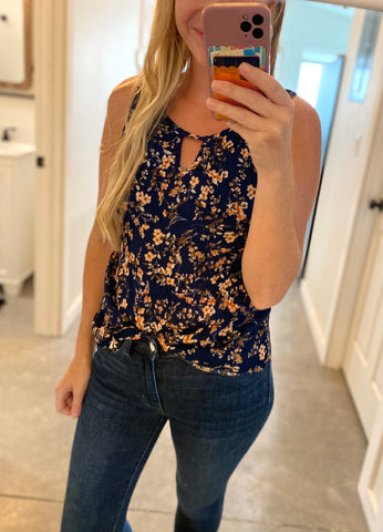 Navy Floral Keyhole Sleeveless Top