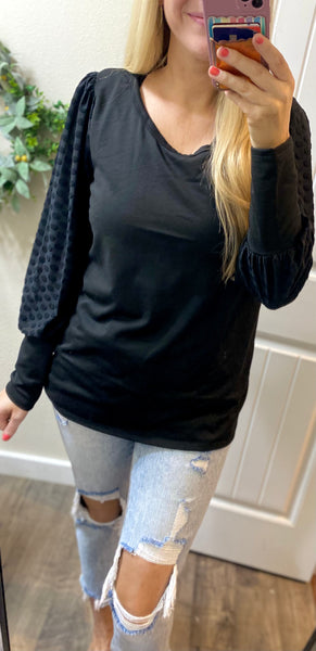 Black Round Neck Polka Dot Long Sleeve