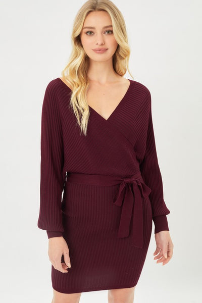 On/off Shoulder Faux Wrap Ribbed Dress