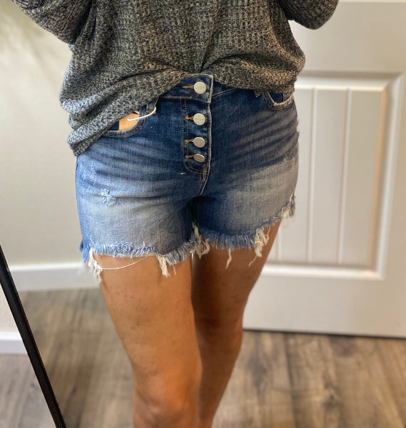 Buttonfly Risen Distressed Darkwash Denim Shorts