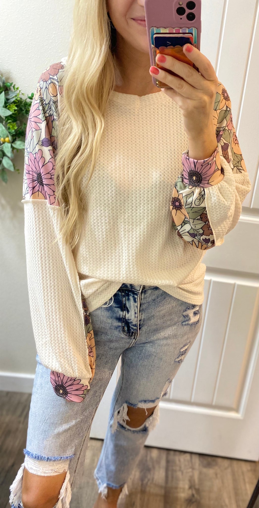 Floral Mountain Waffle Knit Long Sleeve Top