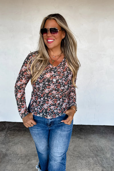PREORDER Floral Vneck Mesh Henley Top