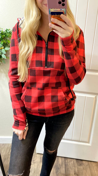 Cloud Red/Black Check Plaid 1/2 Zip Hoodie