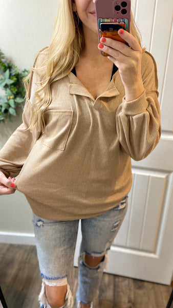 Taupe Exposed Seam Pocket On/Off Shoulder Long Sleeve