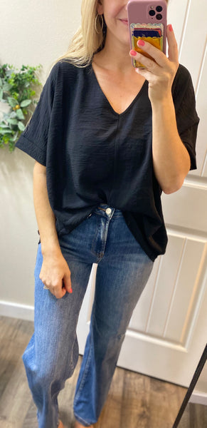 Black Rolled Sleeve V-Neck Blouse