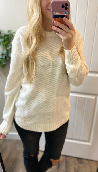 Ivory Round Neck Basic Hi-Low Sweater