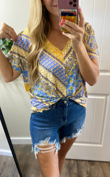 Blue/Yellow Print V-Neck Blouse