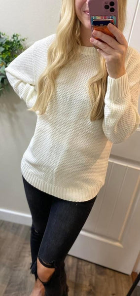 Round Neck Hi-Low Waffle Sweater