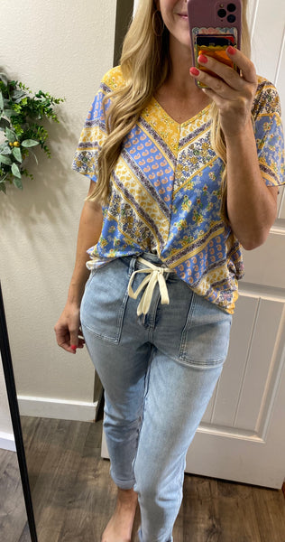 Blue/Yellow Print V-Neck Blouse