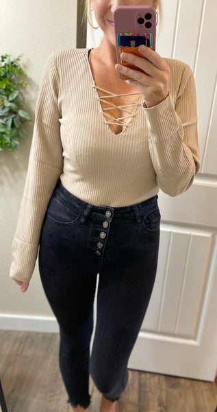 Lace Up Ribbed Taupe Bodysuit